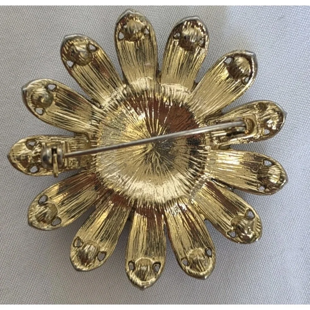 Vintage Sunflower Amber / Clear Rhinestone Petals Goldtone